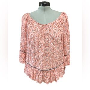 Democracy Coral/Peach Floral Print Women's Top with Ruffles- XL